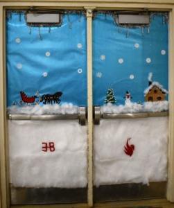 double doors decorated with snowy scene