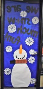 office door decorated with snowman and snowflakes